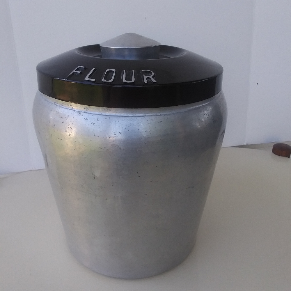 Vintage Mid-Century Aluminum Flour Canister, Silver and Black